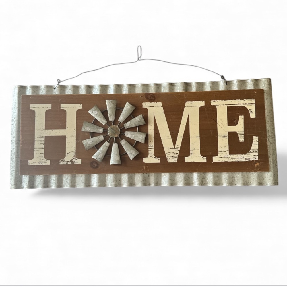 Galvinized Metal & Wood Rustic Brown and Silver 'HOME' Wall Decor NWOT